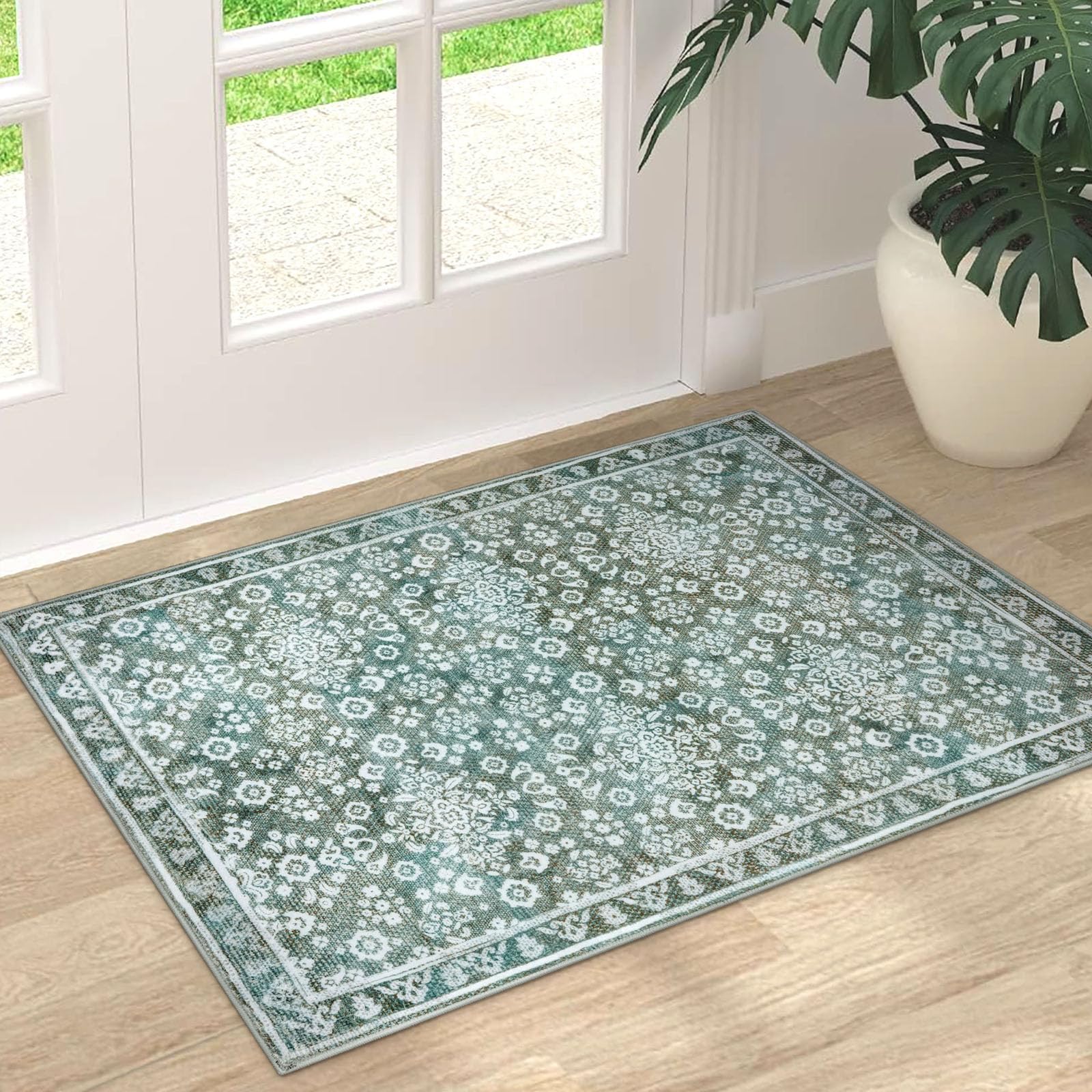 SILOLOOM Vintage Washable Rug 2x3 Sage Beige Small Area Rugs for Entryway Floral Super Soft Kitchen Rugs Low-Pile Throw Rugs Indoor Door Mat